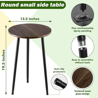 Metal Outdoor Side Tables Set of Two Small Outside Round End Table for Patio Modern Accent Garden Corner Table for Small Spaces, Balcony, Porch, Weather-Resistant Plant Stand Indoor, Woodgrain