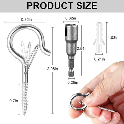 96 PCS Q-Hanger Hooks, Screw Hooks for Outdoor String Lights, Safety Buckle Design Cup Eye Hook for Hanging Christmas Lights, Plants, Mounted on Wall Ceiling, Include 1 Wing Nut Driver, Silver