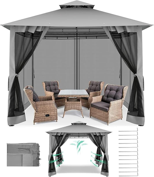 COBIZI Gazebo 10x10 Heavy Duty Gazebos with Improved Nettings Outdoor Gazebo Double Roof Patio Gazebos with Metal Steel Frame Outdoor Canopy for Patio, Deck, Backyard (Gray)