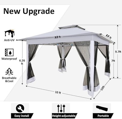COBIZI 12x12 Pop Up Gazebo On Clearance - Upgrade Easy Up Metal Outdoor Canopy Waterproof - Portable Gazebo with Mosquito Nettings, 4 Ropes 8 Stakes and Carry Bag for Patio Garden(Light Gray)