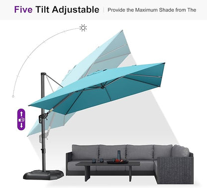 PURPLE LEAF 10'×10' Patio Umbrella with Base and Cover Outdoor Umbrella Large Cantilever Windproof Offset Heavy Duty Sun Umbrella for Garden Deck Pool Patio Turquoise Blue