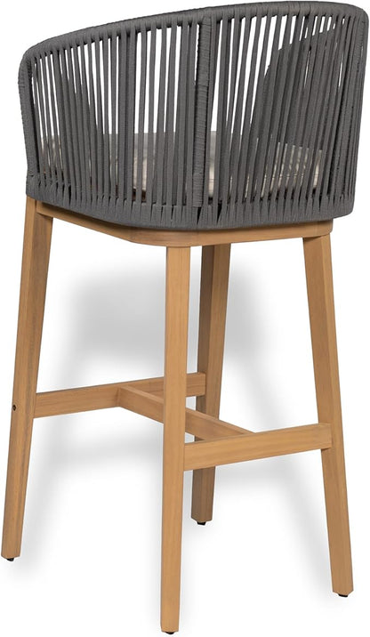 Christopher Knight Home Zax Set of 2 Patio Barstool, Acacia Wood & Rope Outdoor Counter Stool with Backrest/Footrest, Barstool Chairs with Cushion Seating for Backyard Balcony Garden, Beige+Gray+Teak