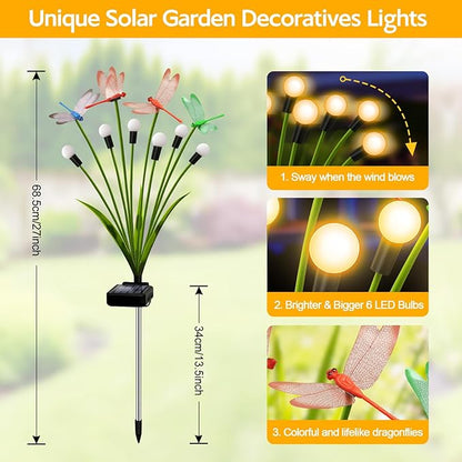 Solar Garden Lights Outdoor - 6 Pack Dragonfly Solar Swaying Light, Sway by Wind, Firefly Lights Outdoor Yard Patio Pathway Decoration, Big Bulb, High Flexibility Iron Wire & Realistic Dragonflies