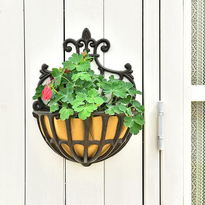 Hanging Planters 2 Pack, Rustic Brown Cast Iron Wall Baskets