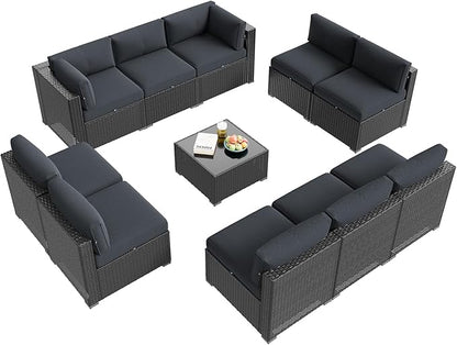 Aoxun Patio Furniture Set, 11 Piece Outdoor Sectional Sofas with Waterproof Cover, 10 Seats Wicker Rattan Outdoor Furniture Patio Conversation Set for Backyard, Garden Dark Grey