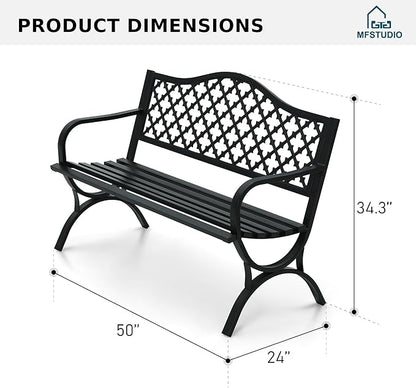 MFSTUDIO 50" Lucky Clover Outdoor Bench, Black Cast Iron Back with Waterproof E-Coating, Durable Patio Garden Bench Park Chair, Black