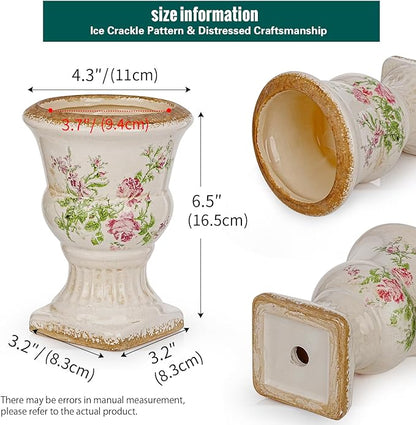 Sungmor Small Ceramic Urn Planter - Pink Scroll Floral Pedestal Flower Pot, Decorative Vintage Chinoiserie Style Planters, Tuscan Accent Vase Indoor Outdoor Plant Holder with Drainage