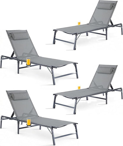 4 Pack Foldable Chaise Lounge Chair with Cup Holder, Assemble-Free Outdoor Lounge Chair with Detachable Pillow and 6 Adjustable Backrest, Patio Lounge Chair for Outside Poolside Beach Pool, Grey