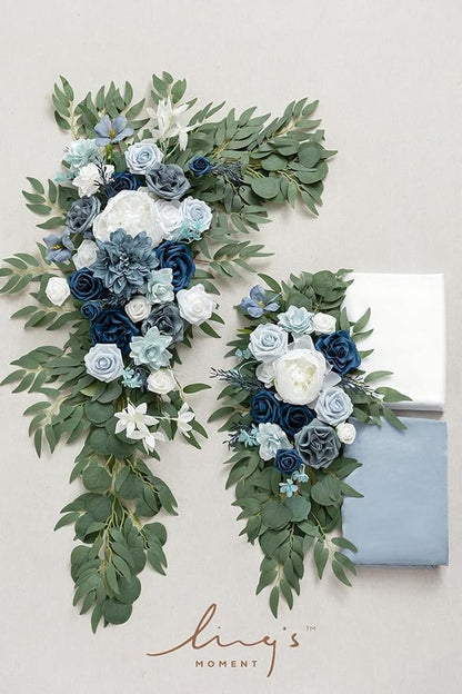 Artificial Flowers Set, Dusty Blue Sheer Drapes and Swag, 4 Pieces