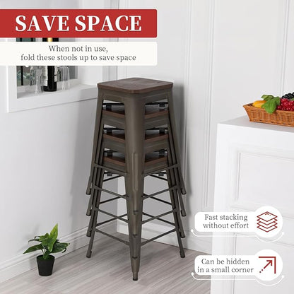 FDW Metal Bar Stools Set of 4 Counter Height Bar Stools 24 Inches Industrial Bar Chairs Patio Stool Stackable Backless Stool Indoor Outdoor Metal Kitchen Stools Bar Chairs (Bronze with Wood, 24")