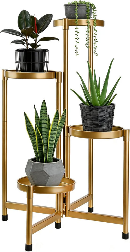 4 Tier 31 Inch Plant Stand Indoor Outdoor, Metal Plant Shelf Waterproof, Plant Holder with Folding Design For Home, Living Room, New Upgrate Gold