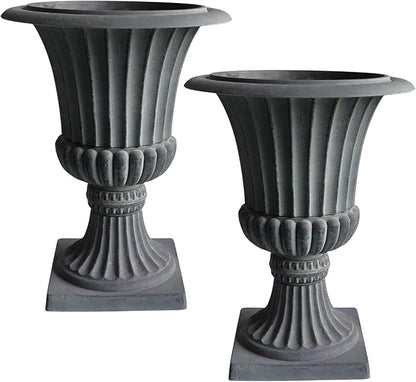Urn Planters 22", Set of 2, Tall Stone-Resin Pedestal Planters for Outdoor Plants, Large Front Porch Decor, Patio Garden Pots, Outdoor Urns for Entryway, Porch & Deck, Grey Plant Pot