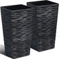 Worth Garden 2-Pack Black Tall Planter - Plastic Square Tapered Tree Plant Pots with Drainage Hole for Indoor Outdoor - 22" H Modern Wavy Finish Decorative Flower Pots for Front Porch Patio Deck