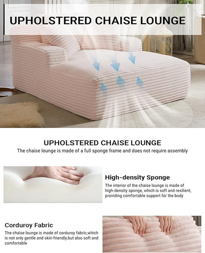67 Inch Chaise Lounge Chair Indoor, Oversized Corduroy Upholstered Boneless Sofa Bed, Deep Seat Sleeper Couch Reading Chairs, Cloud Sofas Couches for Living Room, No Assembly Required (Pink)