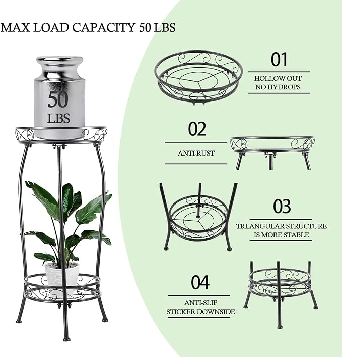 2-Pack Plant Stand Indoor Outdoor,Tall Black Metal Rustproof Stable Plant Stands,2 Tier 27.1 inch Multiple Plant Rack for Planter Corner Garden Living Room & Garden