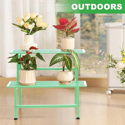 Metal Plant Stand Outdoor Plant Shelf Indoor,2 Tier Heavy Duty Ladder Plant Stands for Multiple Plants,26" L x 20.25" H x 17.75" W,Mint Green