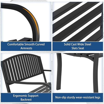Outdoor Bench Garden Bench, Weatherproof Anti-Rust Heavy-Duty Outside Benches Clearance, Wrought Iron Metal Bench for Front Porch, Patio, Park