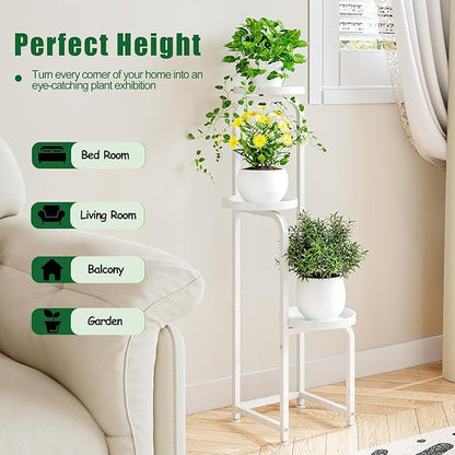 Plant Stand Indoor Outdoor 3 Tier Metal Plant Shelf for Multiple Plants Corner Flower Holders for Living Room Balcony Bedroom Patio Garden, Black (White, 3-Tier)