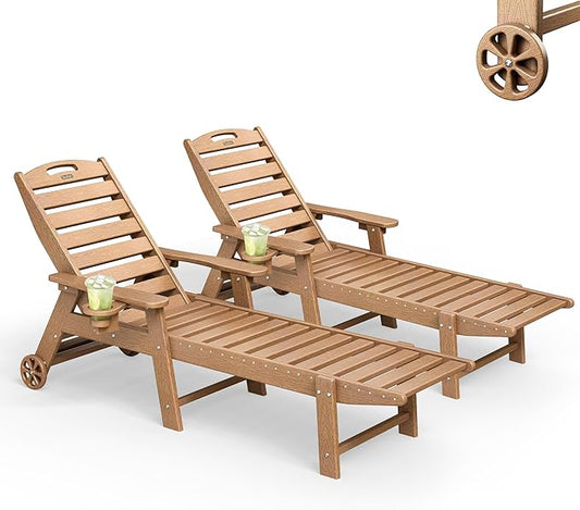 Lounge Chair Outdoor Set of 2, HDPE Chaise Lounge Outdoor, Pool Lounge Chair for Pool Poolside Deck Backyard Patio, Teak