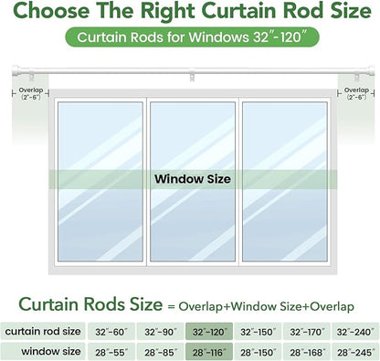 Curtain Rods for Windows 66 to 120, 1 Inch Adjustable White Extra Long Heavy Duty Curtain Rod, Modern Style Indoor Outdoor Window Drapery Rods with End Caps, Size 32" - 120"