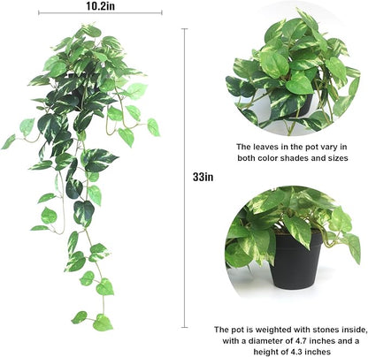 Fake Pothos Hanging Plants - 33" Set of 2 Artificial Silk Ivy Vines with Pots, Realistic Faux Greenery for Indoor Home Office Bathroom Decor, Low Maintenance Hanging Plant Decoration - Golden Green
