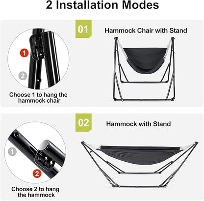 2-in-1 Hammock & Swing Chair for Teens – Adjustable Folding Chair with Collapsible Steel Stand, Portable for Camping, Travel, Patio & Indoor Use, Includes Carrying Case, Supports 440 LBS