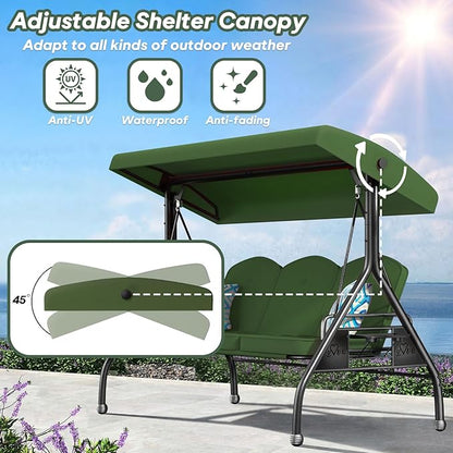 3 Seat Outdoor Porch Patio Swing with Stand 800lbs 2-in-1 Convertible Swing Bed with Adjustable Canopy & Removable Cushion for Yard Garden Deck (Green, Round Tube)