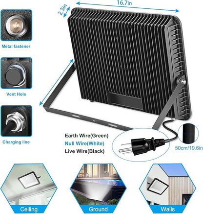 300W LED Flood Light Outdoor,2000W Equivalent 5000K Daylight White Super Bright FloodLight with Plug,43500LM IP66 Waterproof Commercial Lighting for Sports Fields,Counts,Arena,Stadium