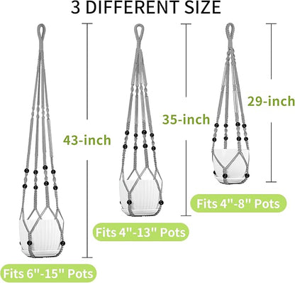 Macrame Plant Hanger - Fits 4 to 15 inches Pots for Indoor Outdoor, 43"/35"/29" Different Sizes Set, Gray (POTS NOT Included)
