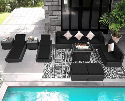 NICESOUL 13 Piece Patio Furniture Set with Fire Pit Table, 29.3'' High Back Large Outdoor Sectional with Firepit & Chaise Lounge, Sturdy Deep Seating Conversation Set, Gray Rattan & Black Cushion