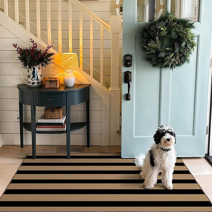 Outdoor Rug, Brown and Tan Striped Door Mat, 3 x 5 Ft, Machine Washable