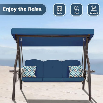 3-Seat Outdoor Porch Swing with Stand, Patio Swing with Canopy, 2 in 1 Porch Swing Bed & Patio Swing Chair for Adult w/Extra Pillows and Cup Holder for Yard (Blue)