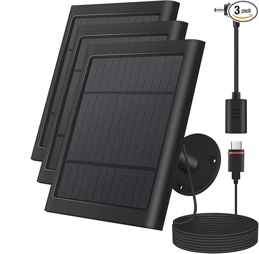 3 Pack 4W Solar Charger for Spotlight & Stick Up Outdoor Cam, Black, High Efficiency, 10FT/3M Long Cable with USB-C to Barrel Plug