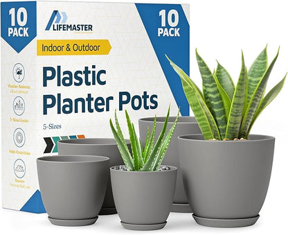 Planter Pots with Drainage Holes - Lightweight, Durable & Space-Saving Pots for Indoor and Outdoor - Versatile Functionality, Simple Modern Design, Set of 10 Plastic Planter Pots - Gray