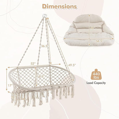 Tangkula 2-Person Hanging Hammock Chair, Boho Style Macrame Hammock Swing with Soft Cushions, Tassels, Indoor Outdoor Cotton Rope Hanging Swing Chair for Bedroom, Porch, Balcony