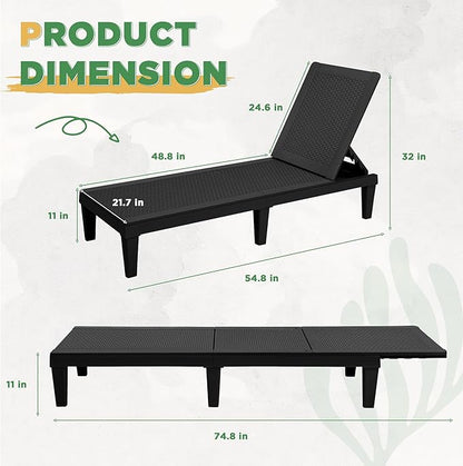 Greesum Outdoor Chaise Lounge Chairs Set of 4 with 5-Position Adjustable Backrest, Waterproof PP Sun Chaise Loungers for Garden Pool Beach Patio Deck Sunbathing, Black