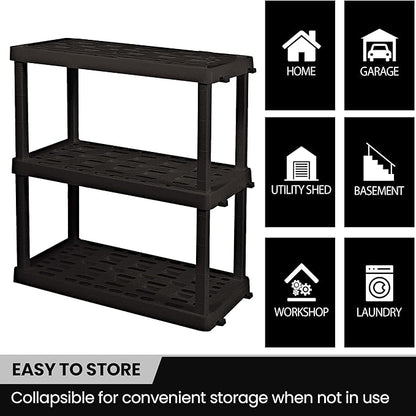 Oskar Heavy Duty Plastic Storage Shelves- for Garage, Kitchen, Bathroom Basement Kids Room, Stackable 3-Tier Black Organizer Rack for Books Shoes, Toys, Pantry, Cleaning and Closet Organization