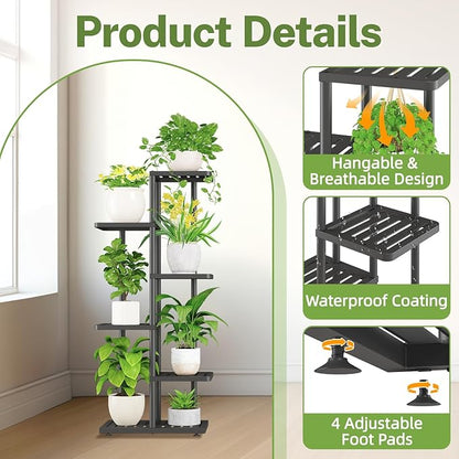 iDavosic.ly Plant Stand with Grow Light Indoor Outdoor, 5-Tier Tall Metal Flower Shelf for Heavy-Duty Large Planters, Corner Orchid Display Rack for Living Room Balcony Patio Porch, Modern Black