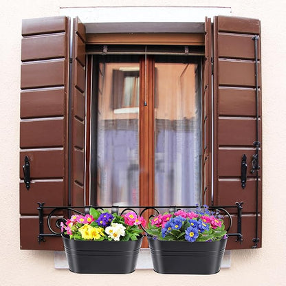 MADHOLLY Railing Planter with Drainage Holes - Sturdy Bucket Pots for Railing Fence, Countryside Style Metal Flower Pots for Herbs Balcony Garden Yard Decor, 2Pcs, Black