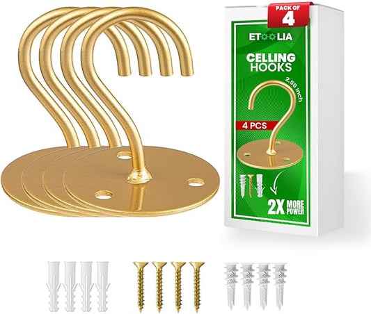 Ceiling Hooks for Hanging Plants- 4pcs 2.56 inches Heavy Duty Powder Coated, Gold Hanging Hooks for Bird Feeders, Planters and Wind Chimes
