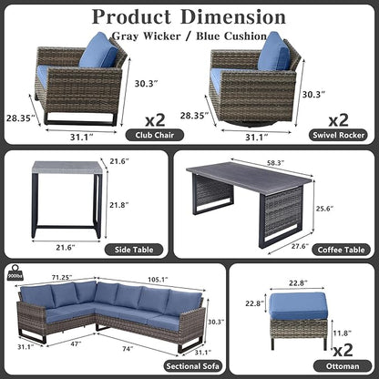 Belord Outdoor Sectional Furniture with Swivel Rocker Chair, 10 Pieces Wicker Patio Furniture Sets with Ottoman L Shaped Sofa Coffee Table Blue Cushion