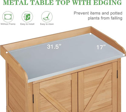 Outdoor Potting Bench with Storage Cabinet and Metal Top, Wood Workstation for Outdoor Patio, Garden (Light Brown, 31.5x17x39‘’)