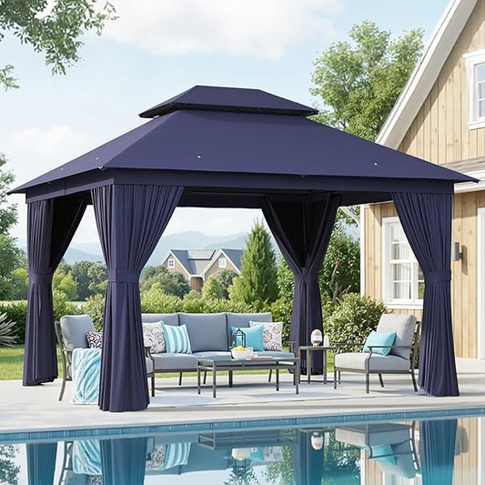 AOXUN Outdoor Gazebo for Patio 10x12 Metal Frame Canopy with Double Roofs Heavy Duty Party Tent and Shelter with Mosquito Netting and Privacy Screen for Backyard, Lawn, Garden, Deck (Navy Blue)