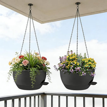2 Pack 12 Inch Self Watering Hanging Planters for Indoor Plants, Large Black Plastic Hanging Pots with Chains for Outdoor Patio Garden Home Decor Black