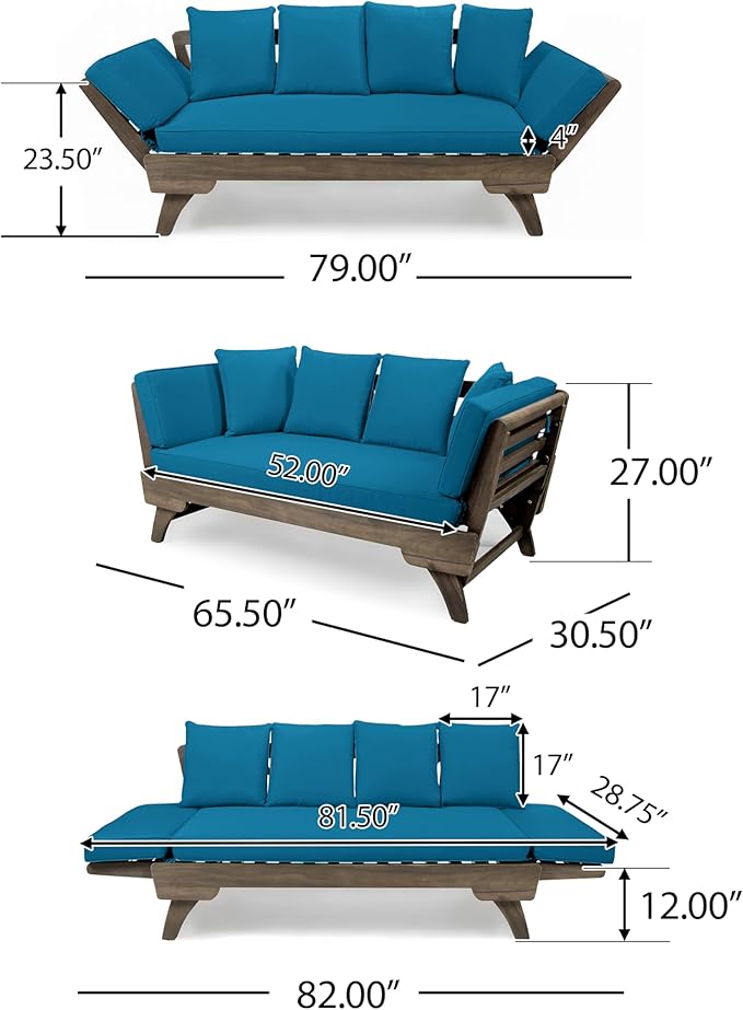 Christopher Knight Home Gary Patio Convertible Couch, Wooden Outdoor Daybed, 3-Seater Acacia Wood Patio Furniture Lounge Sofa for Backyard/Poolside/Garden, Back Pillow+Removable Cushion, Grey+Teal