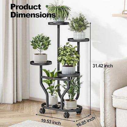 Plant Stand Indoor Outdoor 4 Tier Flower Holder with Wheels Metal Plant Shelf Corner Display Rack Multi Plants Sheleves for Living Room Garden Patio Black