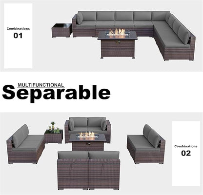 Kullavik 10 Pieces Outdoor Patio Furniture Set with 43" 55000BTU Gas Propane Fire Pit Table PE Wicker Rattan Sectional Sofa Patio Conversation Sets,Grey