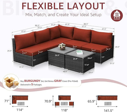 NICESOUL 7 Pieces Modern Luxury 29.3'' High Back Outdoor Furniture Sofa Set, Extra Large Size Grey PE Wicker Patio Modular Sectional with Tables, All-Weather Rattan Conversations for Backyard, Wine