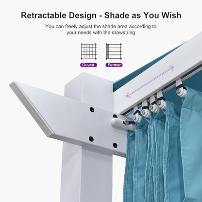 PURPLE LEAF 10' x 13' Aluminum Outdoor Pergola White Modern Grape Trellis Retractable Pergola with Double Sun Shade Canopy Metal Pergola with Light for Patios Backyard Deck Garden, Blue