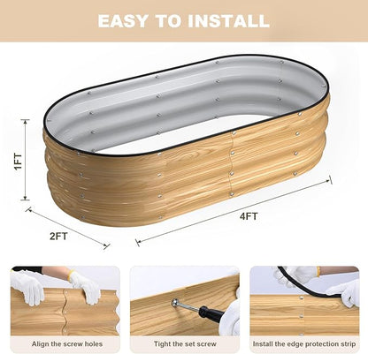 4x2x1FT Galvanized Raised Garden Beds,Raised Garden Bed with Safety Edging and Gloves,Oval Metal Planter Box for Gardening Vegetables Flowers Herb-Natural Oak